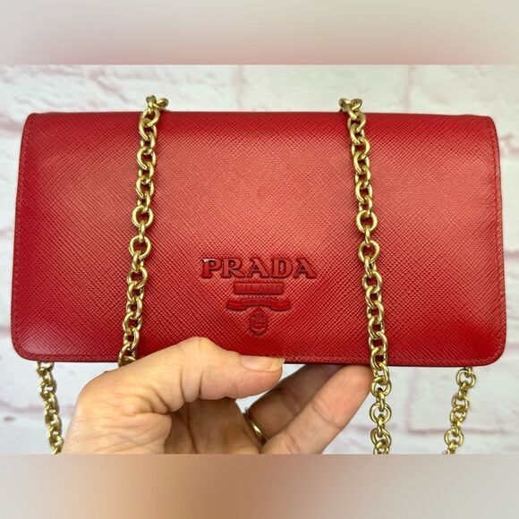 Prada Saffiano Red Mini Bandoliera Chain Clutch Crossbody Bag - Picture 1 of 14